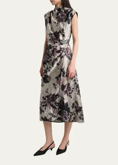 Erdem Draped Floral Satin Midi Dress | Thumbnail 4 Erdem Draped Floral Satin Midi Dress | Thumbnail 4