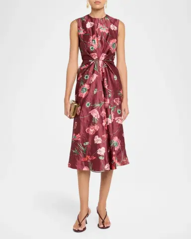 Erdem Floral Crinkled Satin Gathered Sleeveless Midi Dress | Thumbnail 2 Erdem Floral Crinkled Satin Gathered Sleeveless Midi Dress | Thumbnail 2