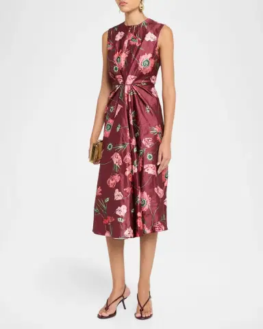 Erdem Floral Crinkled Satin Gathered Sleeveless Midi Dress | Thumbnail 4 Erdem Floral Crinkled Satin Gathered Sleeveless Midi Dress | Thumbnail 4
