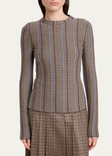 Gabriela Hearst Pons Cashmere-Silk Striped Houndstooth Crewneck Sweater | Thumbnail 4 Gabriela Hearst Pons Cashmere-Silk Striped Houndstooth Crewneck Sweater | Thumbnail 4