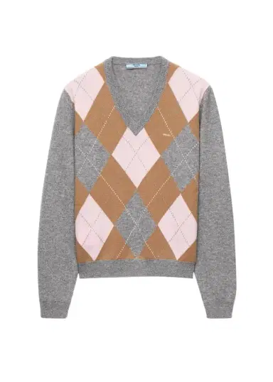 Prada Argyle Cashmere V-Neck Sweater | Thumbnail 1 Prada Argyle Cashmere V-Neck Sweater | Thumbnail 1