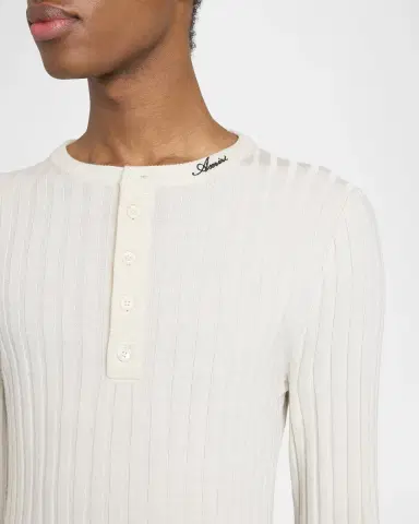 AMIRI Men's Logo Script Ribbed Long-Sleeve Henley T-Shirt | Thumbnail 6 AMIRI Men's Logo Script Ribbed Long-Sleeve Henley T-Shirt | Thumbnail 6