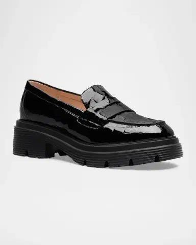 Stuart Weitzman Hudson 20MM Croc-Embossed Patent Leather Penny Loafers | Thumbnail 2 Stuart Weitzman Hudson 20MM Croc-Embossed Patent Leather Penny Loafers | Thumbnail 2