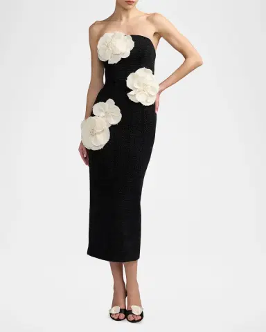 Mac Duggal Floral Appliqué Bouclé Strapless Midi Dress | Thumbnail 2 Mac Duggal Floral Appliqué Bouclé Strapless Midi Dress | Thumbnail 2