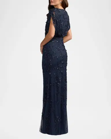 Mac Duggal Beaded Draped Mesh Column Gown | Thumbnail 3 Mac Duggal Beaded Draped Mesh Column Gown | Thumbnail 3