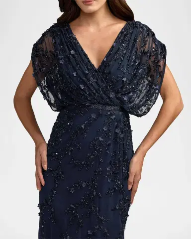 Mac Duggal Beaded Draped Mesh Column Gown | Thumbnail 4 Mac Duggal Beaded Draped Mesh Column Gown | Thumbnail 4