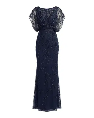 Mac Duggal Beaded Draped Mesh Column Gown | Thumbnail 1 Mac Duggal Beaded Draped Mesh Column Gown | Thumbnail 1