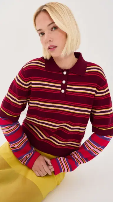 LE BOP Wesley Polo Pullover Burgundy Stripe Multi | Thumbnail 6 LE BOP Wesley Polo Pullover Burgundy Stripe Multi | Thumbnail 6