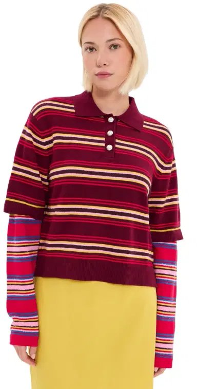 LE BOP Wesley Polo Pullover Burgundy Stripe Multi | Thumbnail 1 LE BOP Wesley Polo Pullover Burgundy Stripe Multi | Thumbnail 1