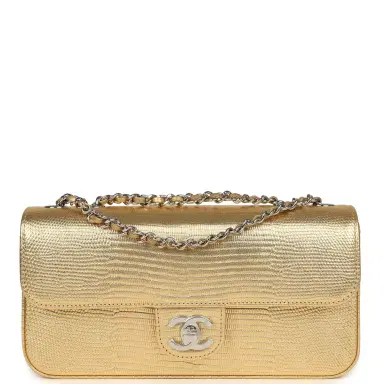 Chanel Chanel East West Flap Bag Gold Metallic Lizard Embossed Calfskin Silver Hardware | Thumbnail 1 Chanel Chanel East West Flap Bag Gold Metallic Lizard Embossed Calfskin Silver Hardware | Thumbnail 1