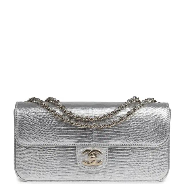 Chanel East West Flap Bag Silver Metallic Lizard Embossed Calfskin Light Gold Hardware Chanel East West Flap Bag Silver Metallic Lizard Embossed Calfskin Light Gold Hardware