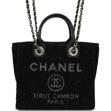 Chanel Chanel Mini Deauville Shopping Tote Black, Silver Tweed Boucle, Leather Silver Hardware | Thumbnail 1 Chanel Chanel Mini Deauville Shopping Tote Black, Silver Tweed Boucle, Leather Silver Hardware | Thumbnail 1