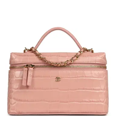 Chanel Chanel Top Handle Long Vanity Case with Chain Pink Croc Embossed Calfskin Gold Hardware | Thumbnail 1 Chanel Chanel Top Handle Long Vanity Case with Chain Pink Croc Embossed Calfskin Gold Hardware | Thumbnail 1