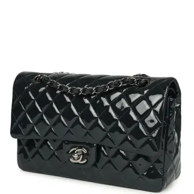 Chanel Pre-owned Chanel Medium Classic Double Flap Bag Navy Blue Patent Ruthenium Hardware | Thumbnail 5 Chanel Pre-owned Chanel Medium Classic Double Flap Bag Navy Blue Patent Ruthenium Hardware | Thumbnail 5