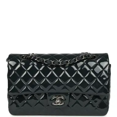 Chanel Pre-owned Chanel Medium Classic Double Flap Bag Navy Blue Patent Ruthenium Hardware | Thumbnail 1 Chanel Pre-owned Chanel Medium Classic Double Flap Bag Navy Blue Patent Ruthenium Hardware | Thumbnail 1