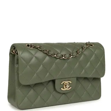 Chanel Pre-owned Chanel Small Classic Double Flap Bag Olive Green Lambskin Light Gold Hardware | Thumbnail 2 Chanel Pre-owned Chanel Small Classic Double Flap Bag Olive Green Lambskin Light Gold Hardware | Thumbnail 2