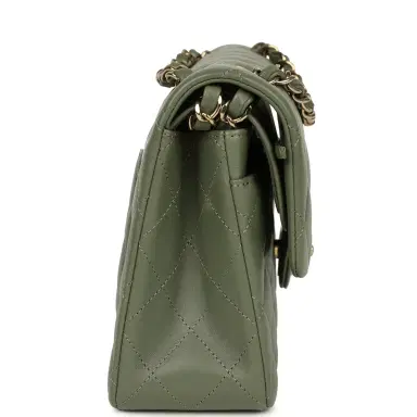 Chanel Pre-owned Chanel Small Classic Double Flap Bag Olive Green Lambskin Light Gold Hardware | Thumbnail 3 Chanel Pre-owned Chanel Small Classic Double Flap Bag Olive Green Lambskin Light Gold Hardware | Thumbnail 3