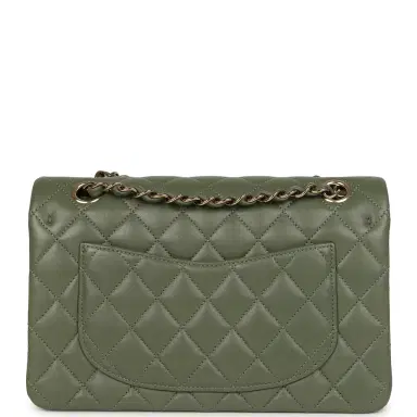 Chanel Pre-owned Chanel Small Classic Double Flap Bag Olive Green Lambskin Light Gold Hardware | Thumbnail 4 Chanel Pre-owned Chanel Small Classic Double Flap Bag Olive Green Lambskin Light Gold Hardware | Thumbnail 4