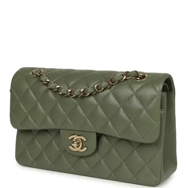 Chanel Pre-owned Chanel Small Classic Double Flap Bag Olive Green Lambskin Light Gold Hardware | Thumbnail 5 Chanel Pre-owned Chanel Small Classic Double Flap Bag Olive Green Lambskin Light Gold Hardware | Thumbnail 5