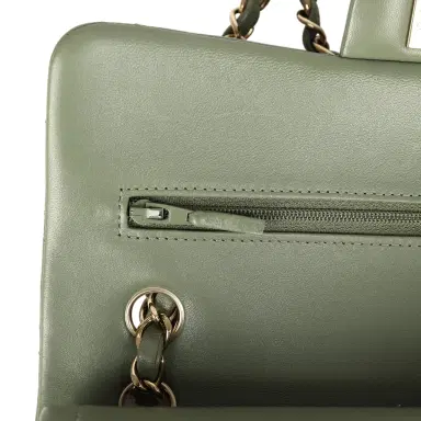 Chanel Pre-owned Chanel Small Classic Double Flap Bag Olive Green Lambskin Light Gold Hardware | Thumbnail 8 Chanel Pre-owned Chanel Small Classic Double Flap Bag Olive Green Lambskin Light Gold Hardware | Thumbnail 8