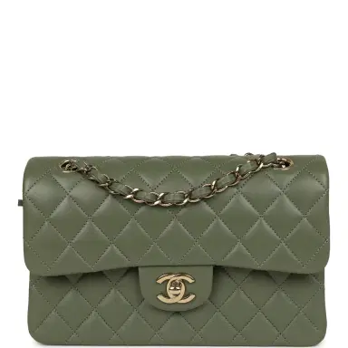 Chanel Pre-owned Chanel Small Classic Double Flap Bag Olive Green Lambskin Light Gold Hardware | Thumbnail 1 Chanel Pre-owned Chanel Small Classic Double Flap Bag Olive Green Lambskin Light Gold Hardware | Thumbnail 1
