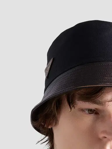 Prada Men's Technical Cotton and Leather Bucket Hat - Black | Thumbnail 2 Prada Men's Technical Cotton and Leather Bucket Hat - Black | Thumbnail 2