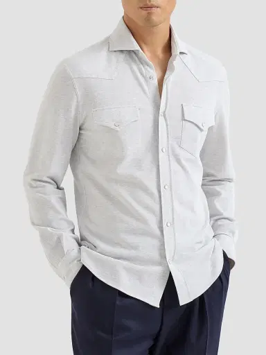 Brunello Cucinelli Men's Cotton Piqué Western Shirt - Pearl - Size XXXXL | Thumbnail 2 Brunello Cucinelli Men's Cotton Piqué Western Shirt - Pearl - Size XXXXL | Thumbnail 2