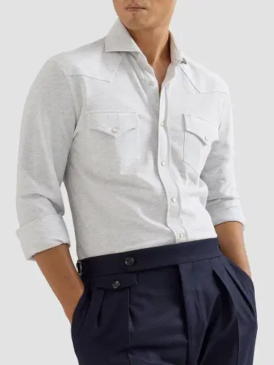 Brunello Cucinelli Men's Cotton Piqué Western Shirt - Pearl - Size XXXXL | Thumbnail 4 Brunello Cucinelli Men's Cotton Piqué Western Shirt - Pearl - Size XXXXL | Thumbnail 4