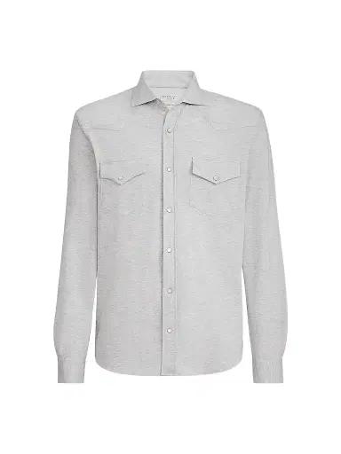 Brunello Cucinelli Men's Cotton Piqué Western Shirt - Pearl - Size XXXXL | Thumbnail 1 Brunello Cucinelli Men's Cotton Piqué Western Shirt - Pearl - Size XXXXL | Thumbnail 1