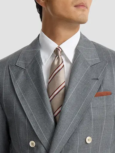 Brunello Cucinelli Men's Regimental Stripe Silk and Cotton Tie - Earth | Thumbnail 2 Brunello Cucinelli Men's Regimental Stripe Silk and Cotton Tie - Earth | Thumbnail 2