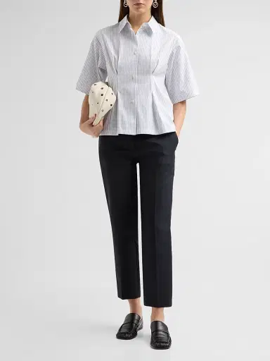 Jil Sander Women's Pinstripe Cotton Poplin Short-Sleeve Shirt - Artic Sea | Thumbnail 2 Jil Sander Women's Pinstripe Cotton Poplin Short-Sleeve Shirt - Artic Sea | Thumbnail 2