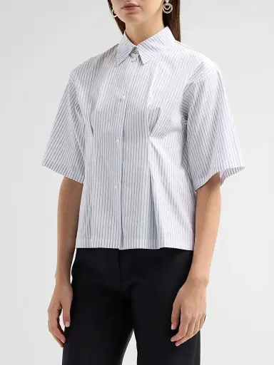 Jil Sander Women's Pinstripe Cotton Poplin Short-Sleeve Shirt - Artic Sea | Thumbnail 4 Jil Sander Women's Pinstripe Cotton Poplin Short-Sleeve Shirt - Artic Sea | Thumbnail 4
