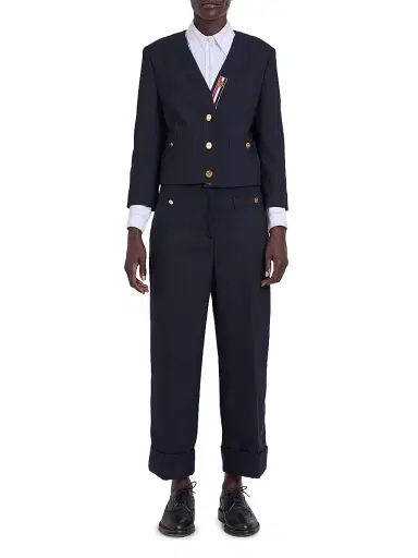 Thom Browne Women's Wool Cardigan-Style Pocket Trousers - Navy | Thumbnail 2 Thom Browne Women's Wool Cardigan-Style Pocket Trousers - Navy | Thumbnail 2