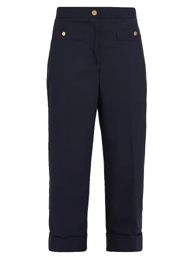 Thom Browne Women's Wool Cardigan-Style Pocket Trousers - Navy | Thumbnail 1 Thom Browne Women's Wool Cardigan-Style Pocket Trousers - Navy | Thumbnail 1