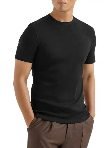 Brunello Cucinelli Men's Stretch Cotton and Modal Ribbed Jersey Crewneck T-Shirt - Black | Thumbnail 3 Brunello Cucinelli Men's Stretch Cotton and Modal Ribbed Jersey Crewneck T-Shirt - Black | Thumbnail 3