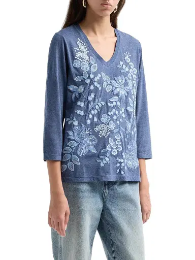 Johnny Was Women's Sarai Floral-Embroidered Cotton T-Shirt - Wash Navy - Size XL | Thumbnail 4 Johnny Was Women's Sarai Floral-Embroidered Cotton T-Shirt - Wash Navy - Size XL | Thumbnail 4