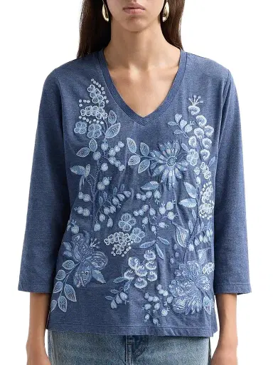 Johnny Was Women's Sarai Floral-Embroidered Cotton T-Shirt - Wash Navy - Size XL | Thumbnail 5 Johnny Was Women's Sarai Floral-Embroidered Cotton T-Shirt - Wash Navy - Size XL | Thumbnail 5