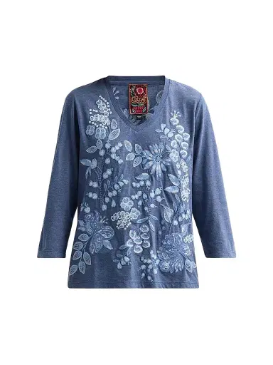 Johnny Was Women's Sarai Floral-Embroidered Cotton T-Shirt - Wash Navy - Size XL | Thumbnail 1 Johnny Was Women's Sarai Floral-Embroidered Cotton T-Shirt - Wash Navy - Size XL | Thumbnail 1