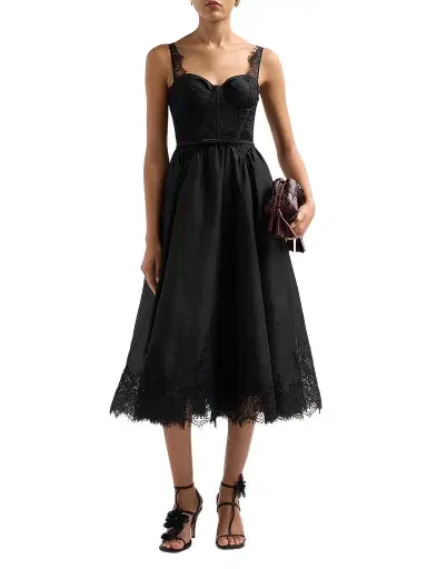 Zimmermann Women's Valiant Linen-Silk Lace-Trim Midi Dress - Black | Thumbnail 2 Zimmermann Women's Valiant Linen-Silk Lace-Trim Midi Dress - Black | Thumbnail 2