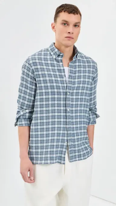 OFFICINE GÉNÉRALE Arsene Waffled Button Down Shirt White/Blue/Navy | Thumbnail 2 OFFICINE GÉNÉRALE Arsene Waffled Button Down Shirt White/Blue/Navy | Thumbnail 2