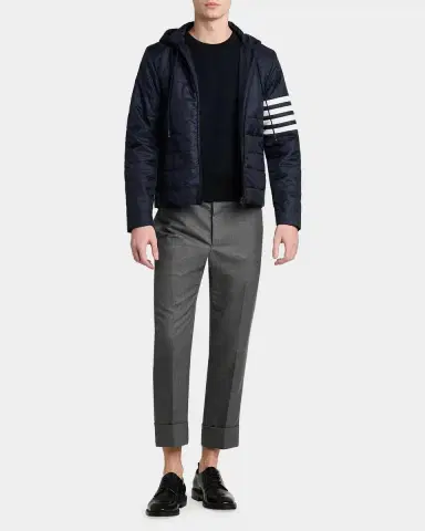 Thom Browne Men's Ottoman Stitch 4-Bar Stripe Wool-Linen-Cotton Crewneck Sweater | Thumbnail 2 Thom Browne Men's Ottoman Stitch 4-Bar Stripe Wool-Linen-Cotton Crewneck Sweater | Thumbnail 2