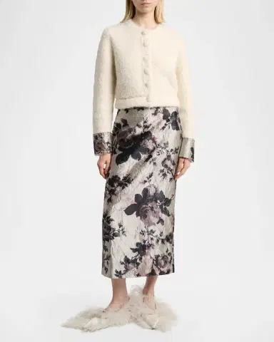 Erdem Metallic Floral Jacquard & Alpaca Boucle Crop Cardigan | Thumbnail 2 Erdem Metallic Floral Jacquard & Alpaca Boucle Crop Cardigan | Thumbnail 2