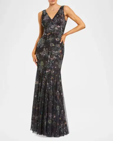 Mac Duggal Sequin Floral-Print Mesh Mermaid Gown | Thumbnail 2 Mac Duggal Sequin Floral-Print Mesh Mermaid Gown | Thumbnail 2
