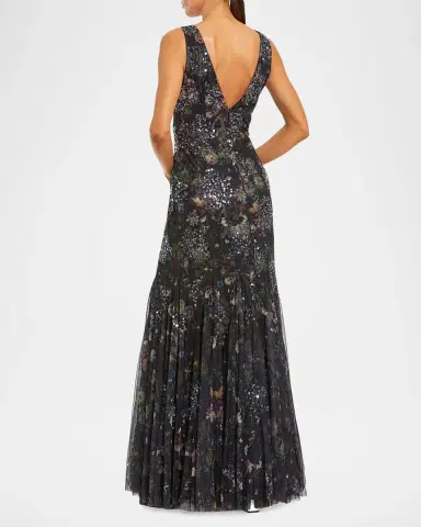 Mac Duggal Sequin Floral-Print Mesh Mermaid Gown | Thumbnail 3 Mac Duggal Sequin Floral-Print Mesh Mermaid Gown | Thumbnail 3