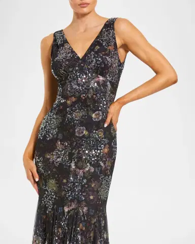 Mac Duggal Sequin Floral-Print Mesh Mermaid Gown | Thumbnail 4 Mac Duggal Sequin Floral-Print Mesh Mermaid Gown | Thumbnail 4
