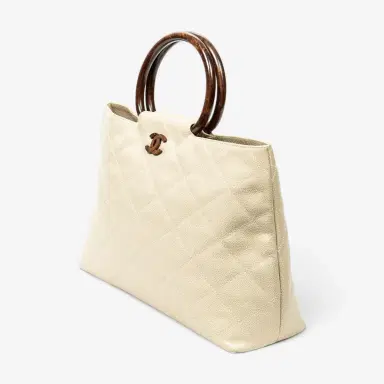 Chanel Chanel CC Ivory/Brown Calf Leather Wood Handle Tote by The Solist | Thumbnail 2 Chanel Chanel CC Ivory/Brown Calf Leather Wood Handle Tote by The Solist | Thumbnail 2