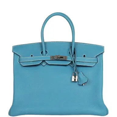 HERMÈS Pre-owned Hermes Birkin 35 Blue Jean Togo Palladium Hardware | Thumbnail 1 HERMÈS Pre-owned Hermes Birkin 35 Blue Jean Togo Palladium Hardware | Thumbnail 1