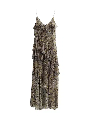 Ronny Kobo Women's Alva Paisley Ruffle Slit Maxi Dress - Black Gold Multi | Thumbnail 1 Ronny Kobo Women's Alva Paisley Ruffle Slit Maxi Dress - Black Gold Multi | Thumbnail 1