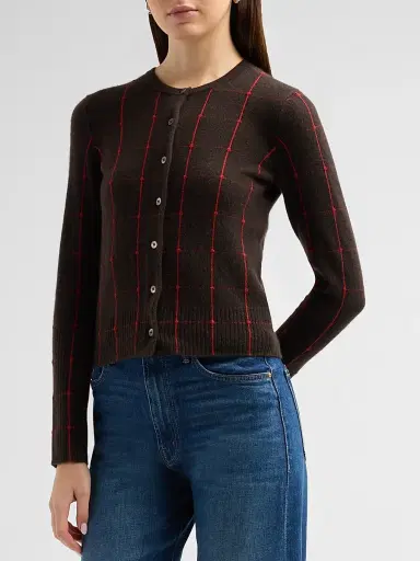 Guest In Residence Women's Jane Windowpane Cashmere Crewneck Cardigan - Burnt Cocoa Carmine | Thumbnail 4 Guest In Residence Women's Jane Windowpane Cashmere Crewneck Cardigan - Burnt Cocoa Carmine | Thumbnail 4