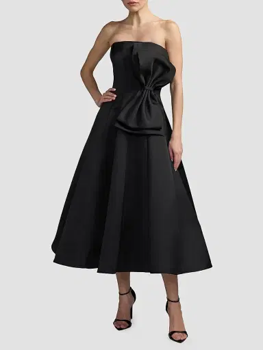 Mac Duggal Women's Satin Charmeuse Bow Strapless Midi Dress - Black | Thumbnail 2 Mac Duggal Women's Satin Charmeuse Bow Strapless Midi Dress - Black | Thumbnail 2